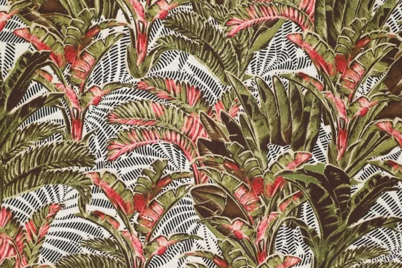 Linnen viscose stof, palmbomen print, groen/rood/wit. A.226-1