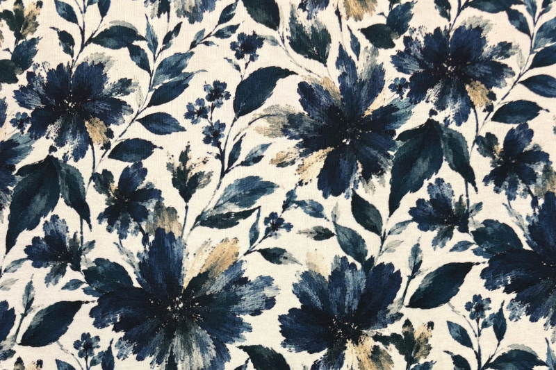 Tricot katoen stof, bloemen print, blauw/crème. Actie24-1