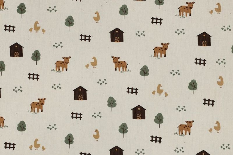 Poplin Katoen Stof, GOTS, Boerderijdieren Print, Naturel/Bruin/Groen. P927-1