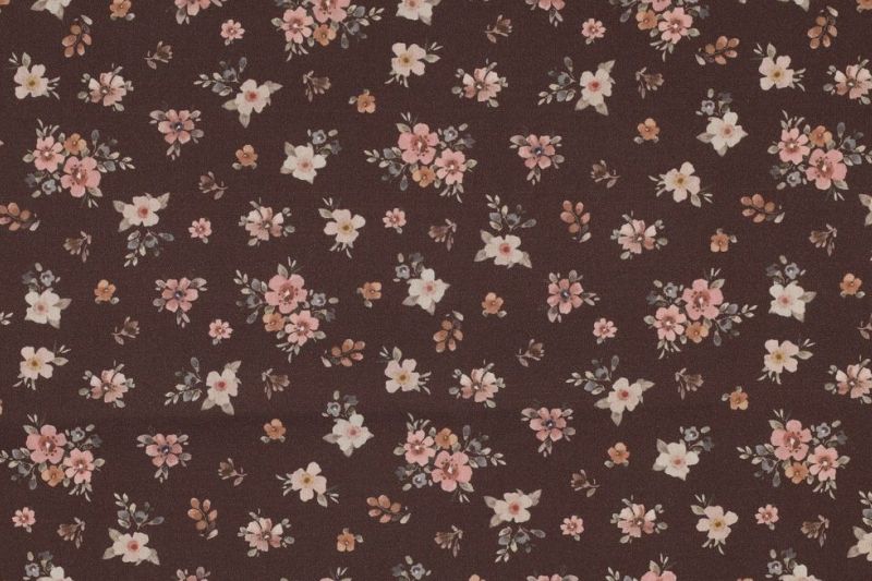 Fijne poplin katoen stof, digitale bloemenprint, bruin. A.231-1