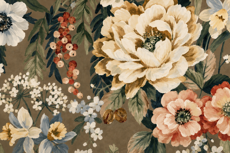 Decoratie stof Panama, bloemen print, wit/groen/roze/bruin PAN04-1