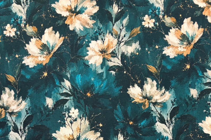Tricot katoen stof, bloemen print, petrol/crème. Actie29-1