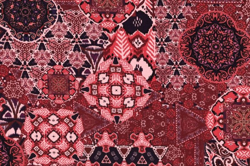 Jersey Digital Ornament Stof, Bordeaux/Paars/Roze. P908-1