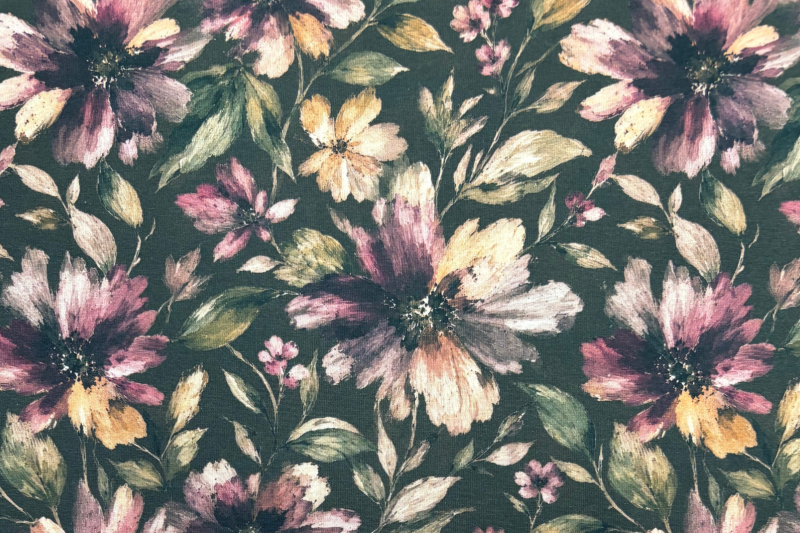 Tricot katoen stof, bloemen print, aubergine/groen. Actie15-1