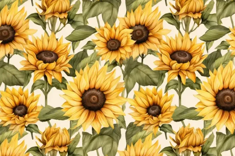 Jersey Stof, Zonnebloem Groot Print, Geel/Groen/Off White. P954-1