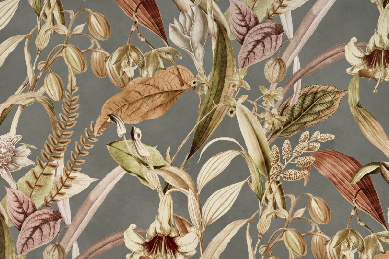 Decoratie stof Panama, bladeren print, wit/groen/grijs/bruin PAN05