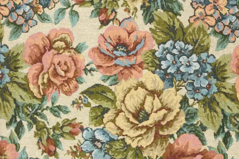 Jacquard stof, bloemen, crème/groen/blauw/roze, P991-1