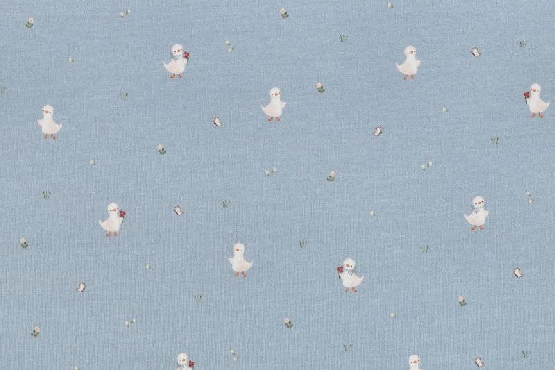 Jersey stof, GOTS, ganzen en bloemen motief, blauw. A.161-1
