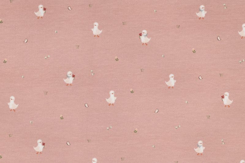 Jersey stof, GOTS, ganzen en bloemen motief, roze. A.160-1