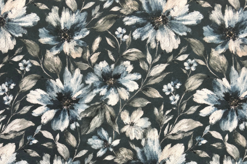 Tricot katoen stof, bloemen print, blauw/groen. Actie16-1
