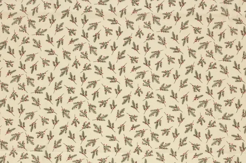 Kerst katoen stof, hulst print, groen/rood/off-white. KER041-1
