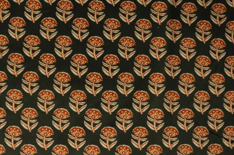 Velours stof, bloem print, oranje/bruin/groen. A.038-1