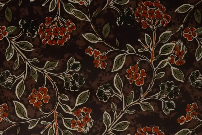 Velours stof, bladeren print, oranje/bruin/groen. A.037-1