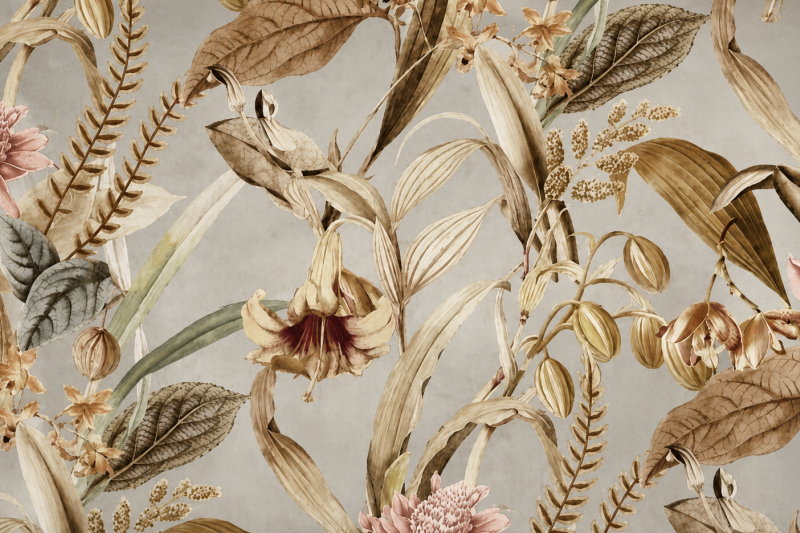 Decoratie stof Panama, bladeren print, wit/groen/grijs/bruin PAN06-1