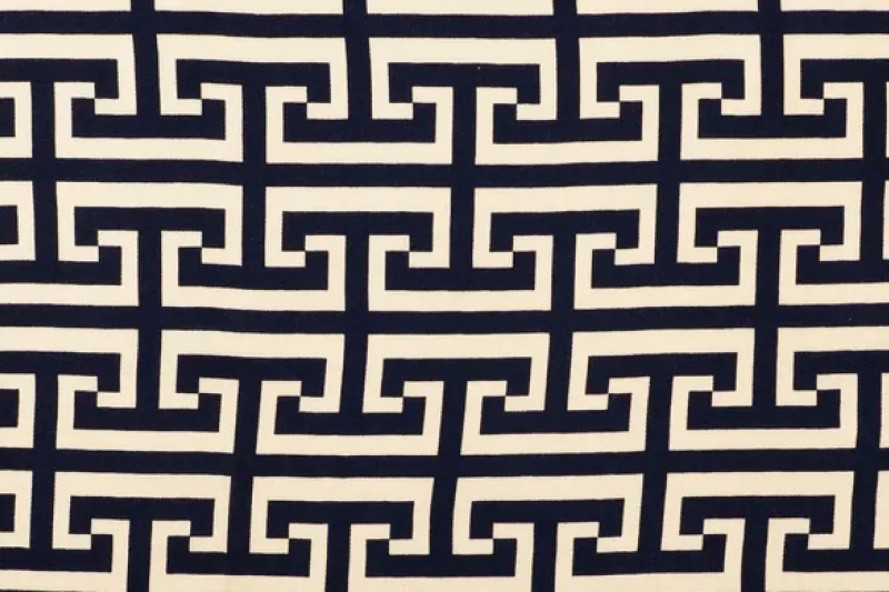 Viscose Satijn Stof, Geometrisch Print, Marine Blauw/ Off White, P874.-1