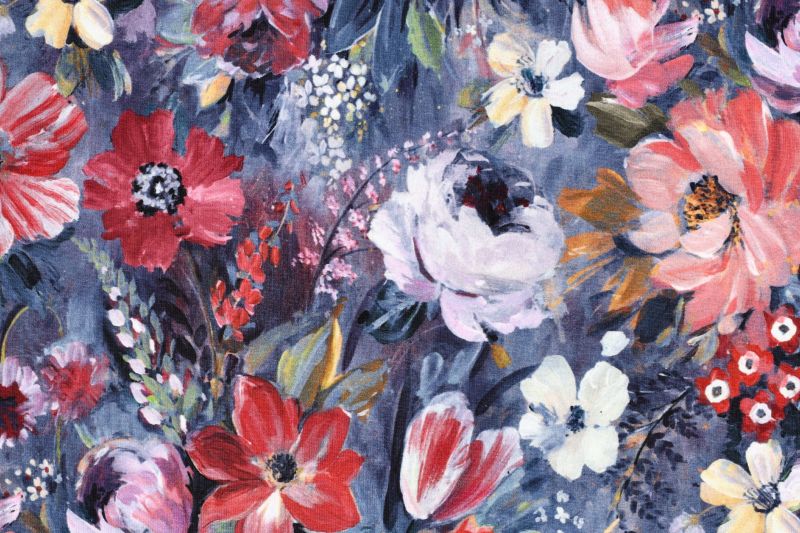 French terry stof, bloemen print, rood/blauw/roze. A.120-1