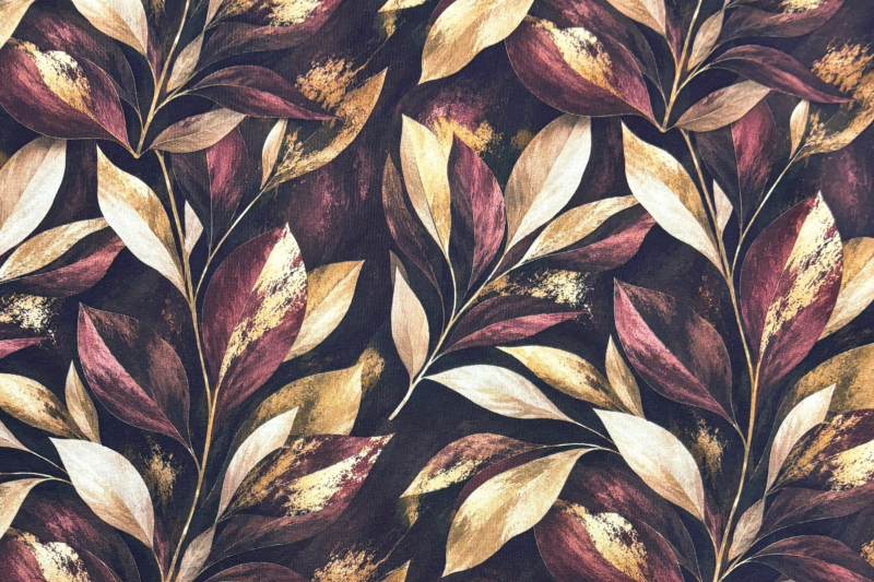 Tricot katoen stof, bladeren print, aubergine/crème. Actie35-1