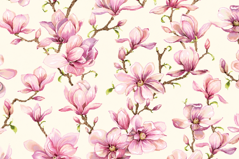 Decoratie stof Gobelin, magnolia takken print, wit/bruin/roze DG18
