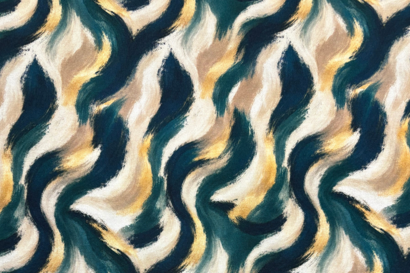 Tricot katoen stof, abstract print, blauw/crème. Actie22-1