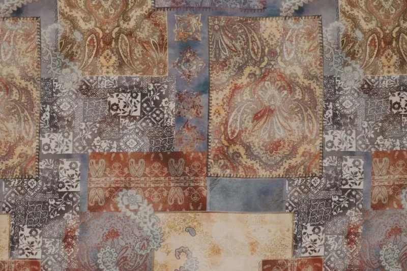 Viscose Stof, Abstracte Print, Bruin/Bordeaux/Blauw. P925-1