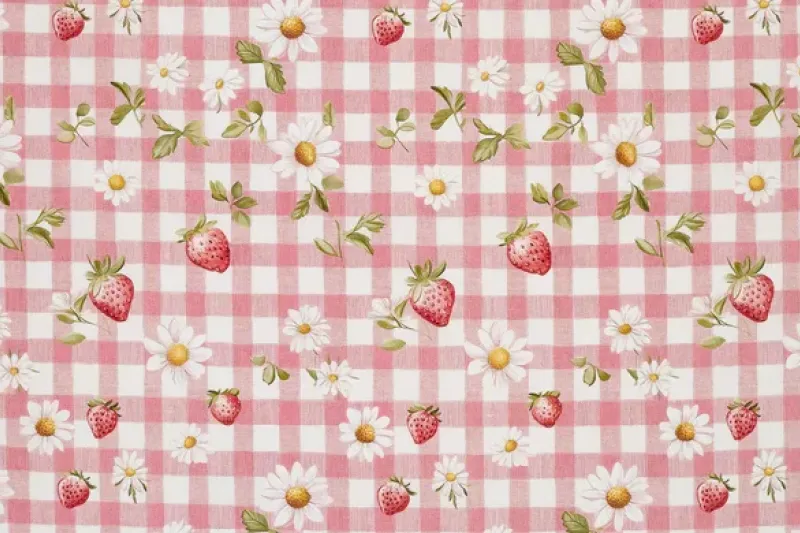 Poplin Katoen Stof, Aardbeien Print, Roze/Wit/Rood/Groen, P898-1