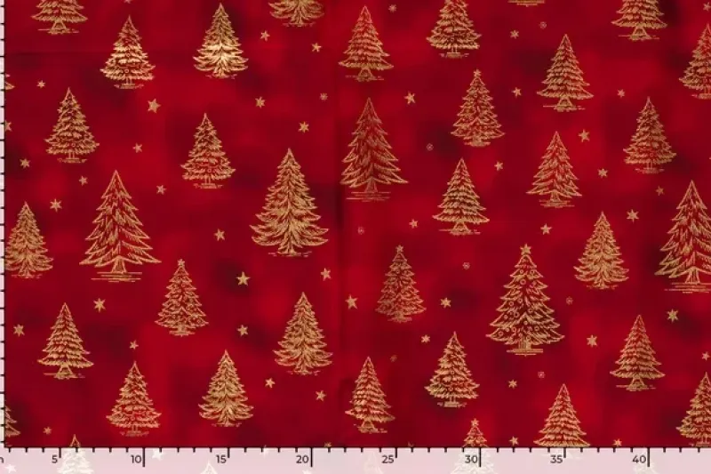 Kerst katoen stof, kerstboom print, rood/goud. KER032-4