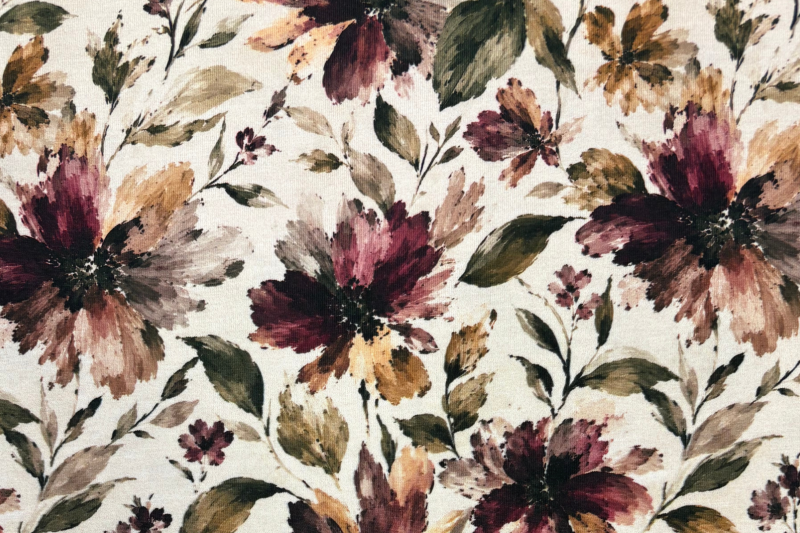 Tricot katoen stof, bloemen print, aubergine/groen/crème. Actie23-1