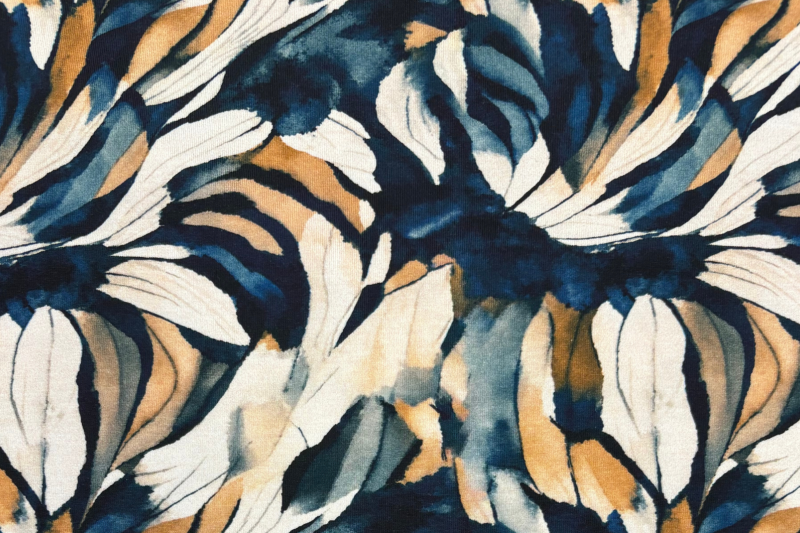 Tricot katoen stof, abstract print, blauw/crème. Actie17-1