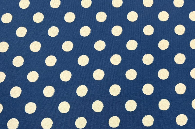 Tricot katoen stof, stippen print, blauw/crème. Actie36-1