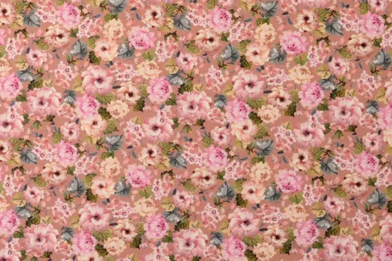 Poplin Katoen Stof, Bloemen Print, Groen/Roze/Oud Roze, P892-1