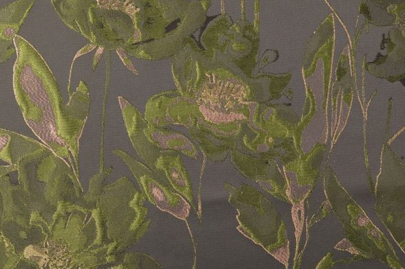 Jacquard stof, bloemen, olijf groen/zwart, p1005-1