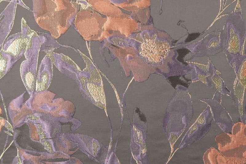 Jacquard stof, bloemen, lila/zwart, P1007-1