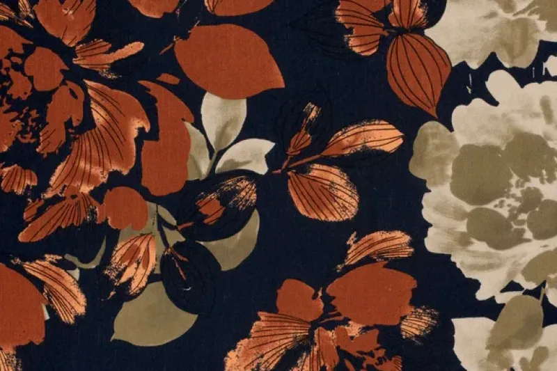 Broken Crêpe Stof, Bloemen Print, Marine/Roest/Olijf Groen, P887-1