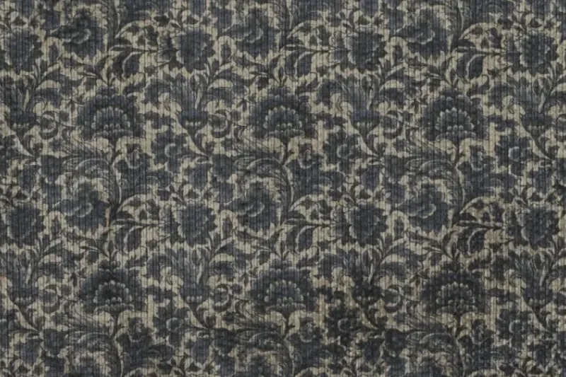 Stretch rib stof, bloemen print, blauw/crème. A.105-1
