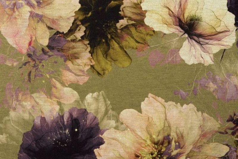 Jersey stof digital bloemen print, groen/paars/crème. A.114-1
