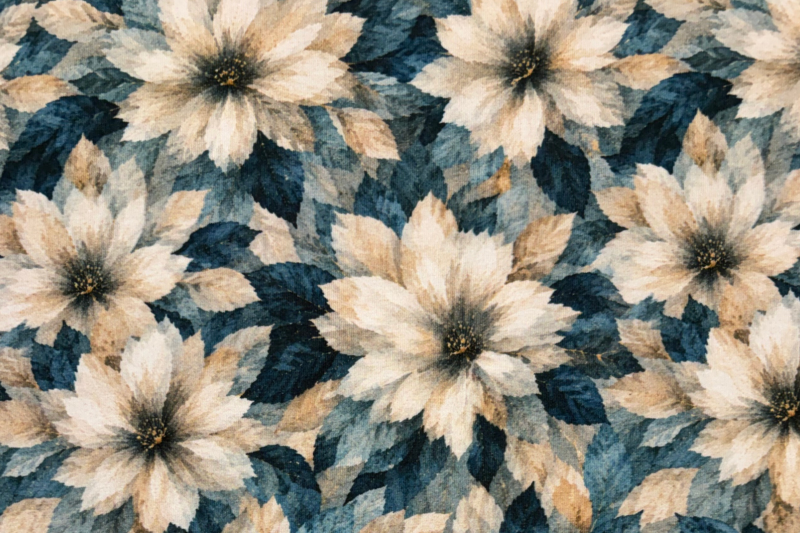 Tricot katoen stof, bloemen print, blauw/crème. Actie51-1