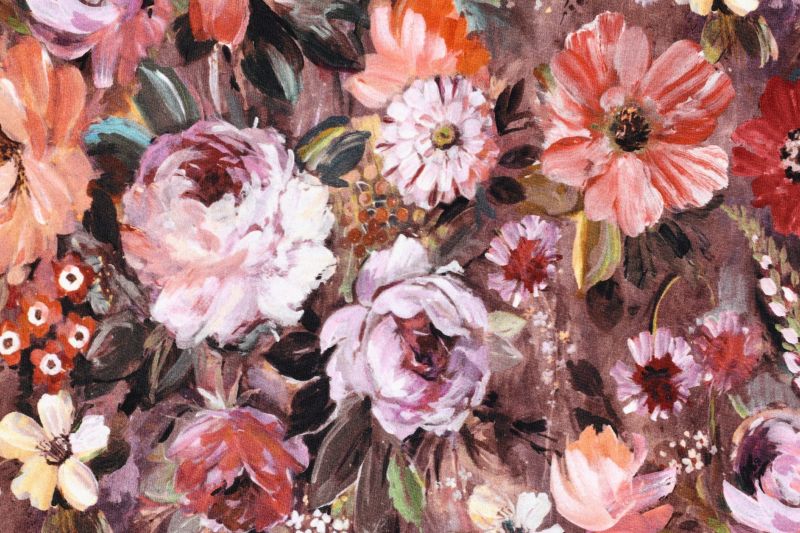 French terry stof, bloemen print, rood/bruin/roze. A.121-1