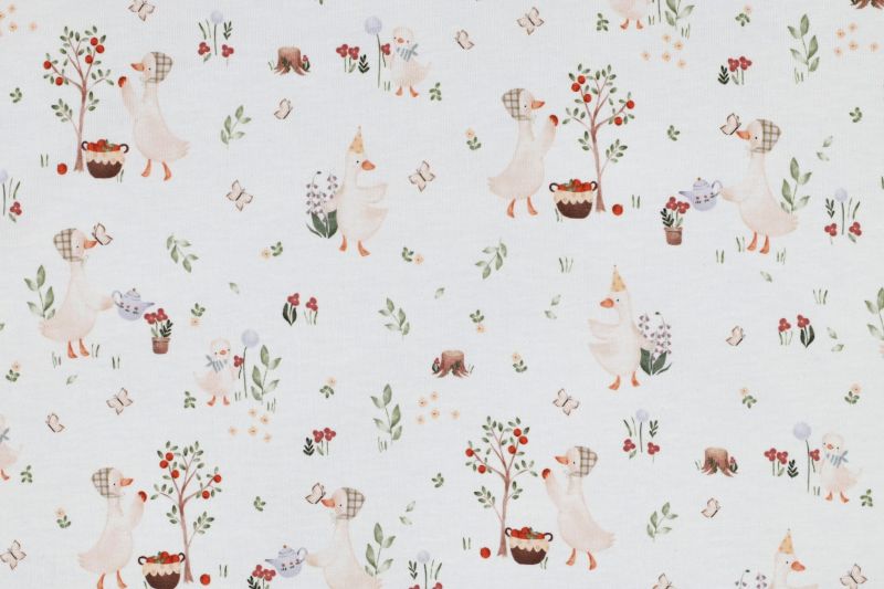Jersey stof, GOTS, ganzen en bloemen motief, wit. A.153-1