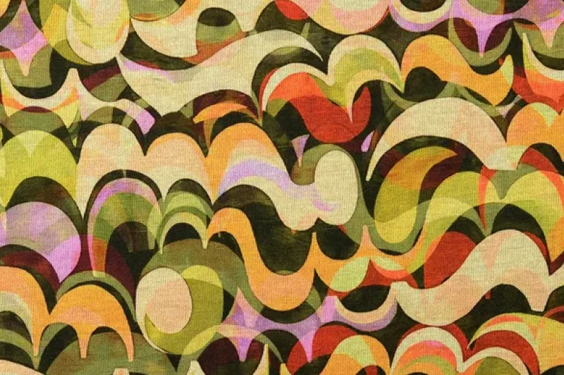 Jersey stof, abstract, groen/rood/beige/lila, P1026-1