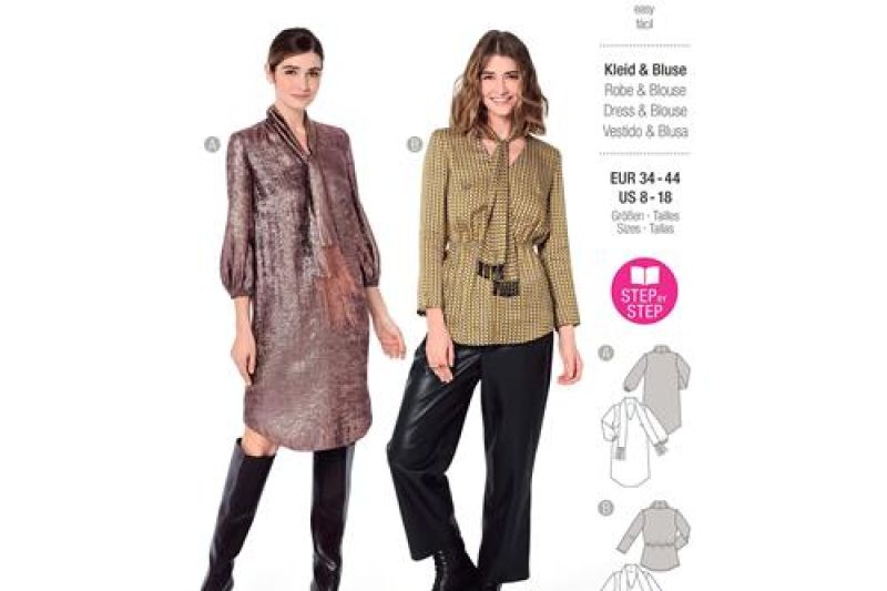 Burda-style-naaipatroon-jurk-en-blouse-met-v-hals-en-sjaal-5968