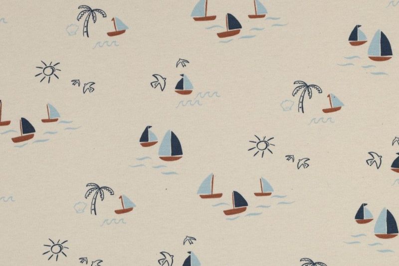 Jersey Stof, GOTS, Bootjes Motief, Naturel/Bruin/Blauw. P928-1