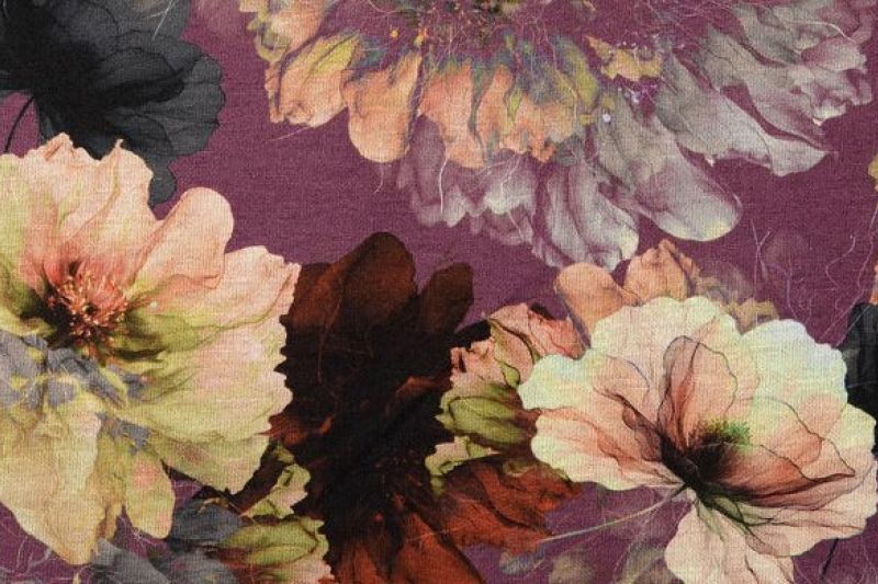 Jersey stof, bloemen, paars/roze/zwart/groen, P1016-1