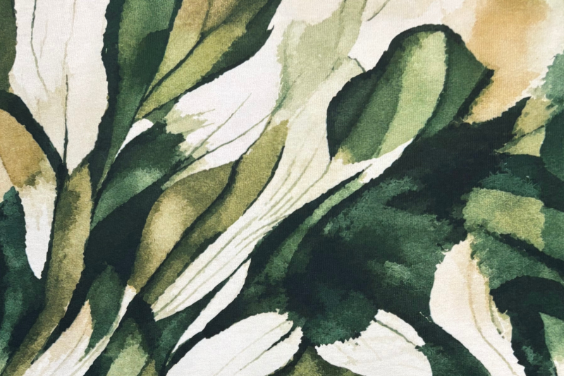 Tricot katoen stof, abstracte print, groen/crème. Actie52-1