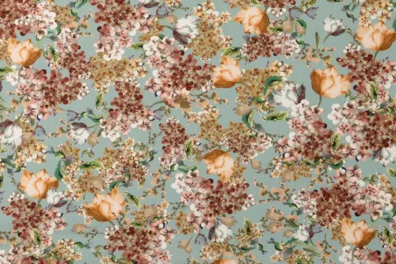 Poplin Katoen Stof, Bloemen Print, Mint/Roze/Groen/Beige, P891-1
