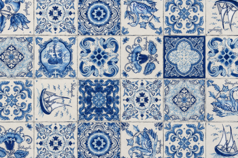 Decoratie stof Gobelin, Delfts blauwe tegeltjes, blauw/wit, DG12
