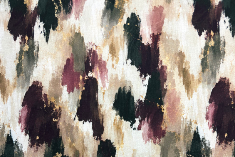 Tricot katoen stof, abstracte print, aubergine/crème. Actie8-1
