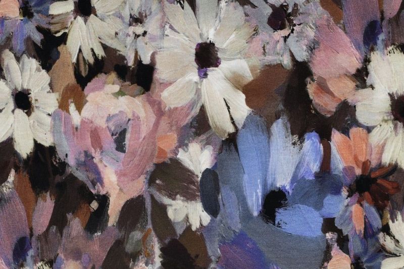 French Terry Stof, Digital Flower, Violet/Bruin/Créme. P910-1