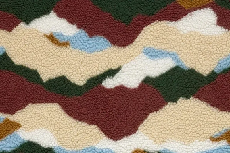 Teddy fleece stof, abstracte print, bordeaux/groen/blauw/wit/crème. A.221-1