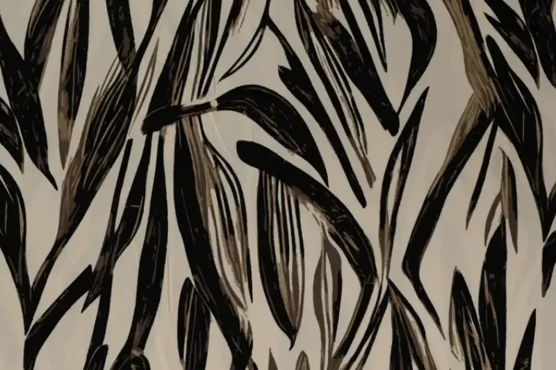 Viscose twill stof, bladeren print, zwart/creme. P969-1