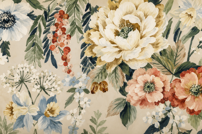 Decoratie stof Panama, bloemen print, wit/groen/roze PAN03